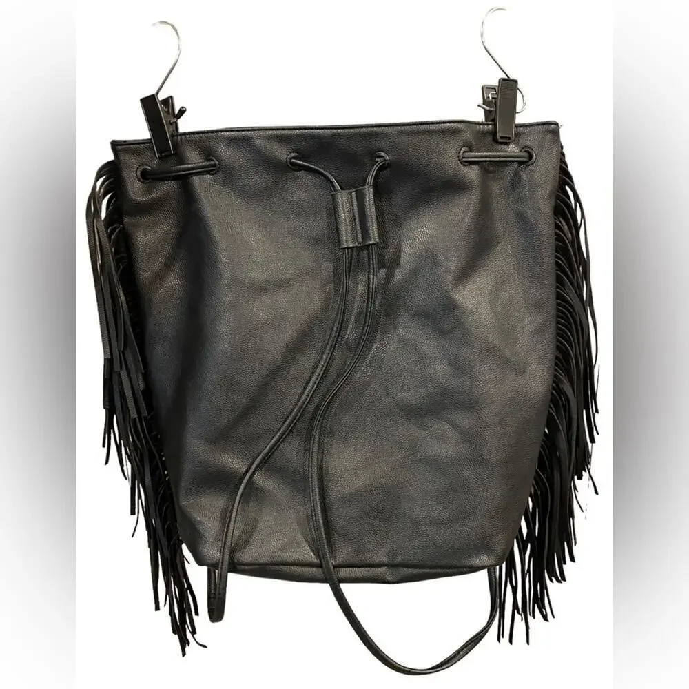 Victoria's Secret Black Faux Pebbled Leather Fringe Bucket Bag